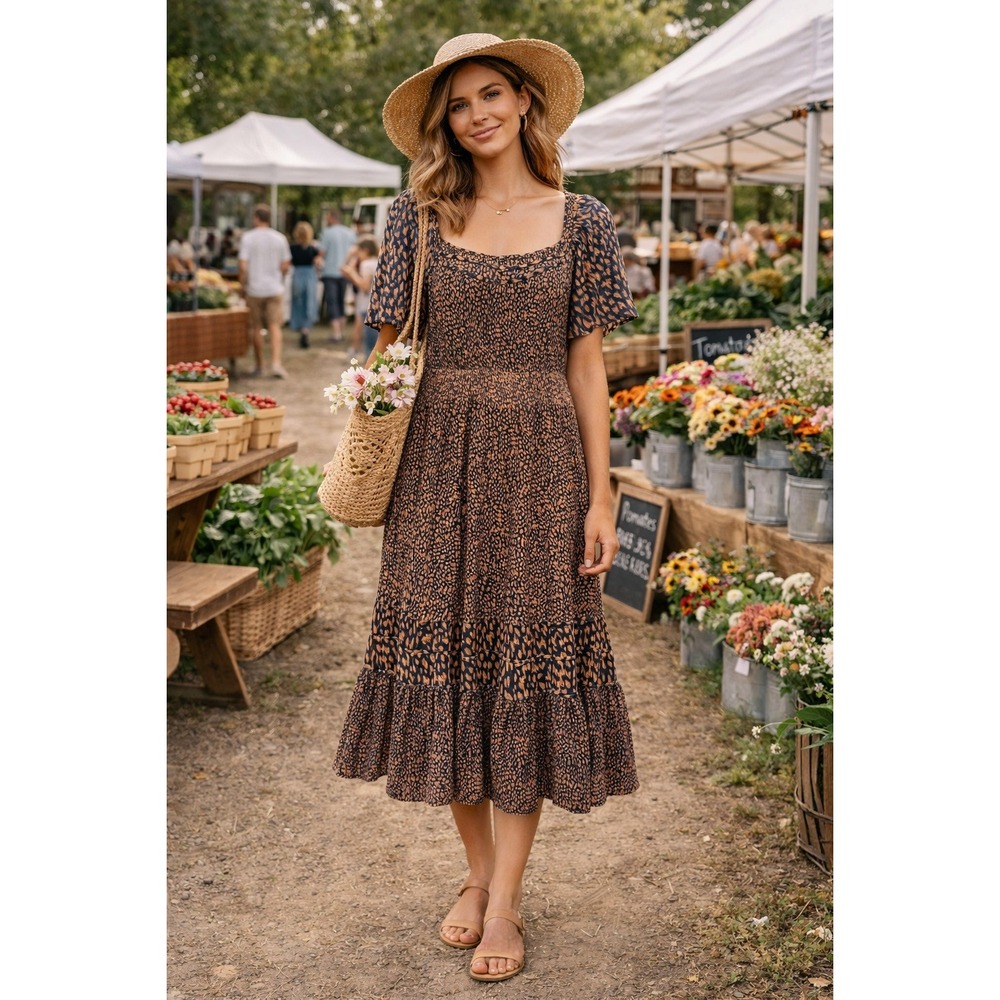 Boho Cottage Ruffle Tiered Navy Tan Flutter Sleeve Square Neck Midi XL Dress